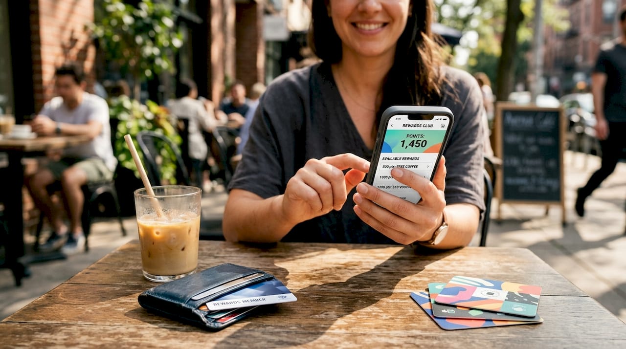 Customer checking points loyalty app at café