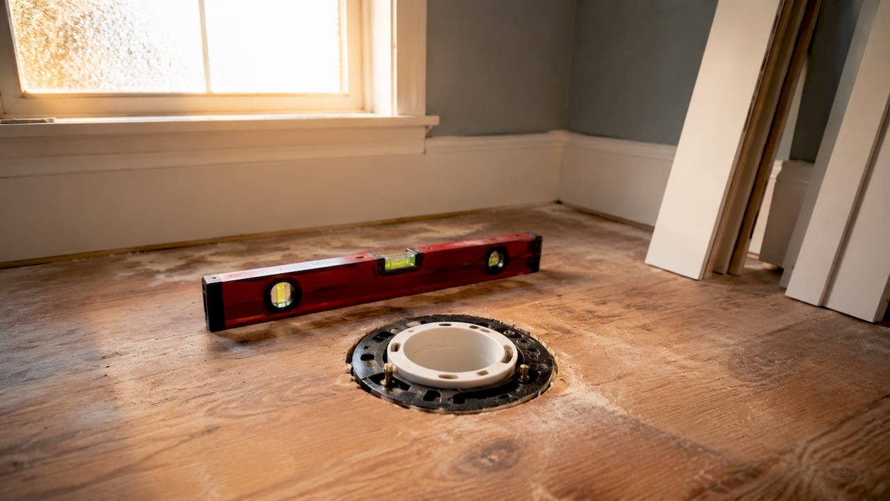 Close-up of measuring toilet flange rough-in