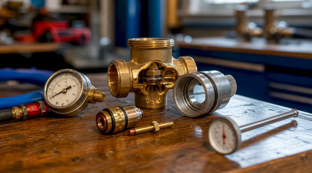 Close-up of thermostatic mixing valve parts on workbench