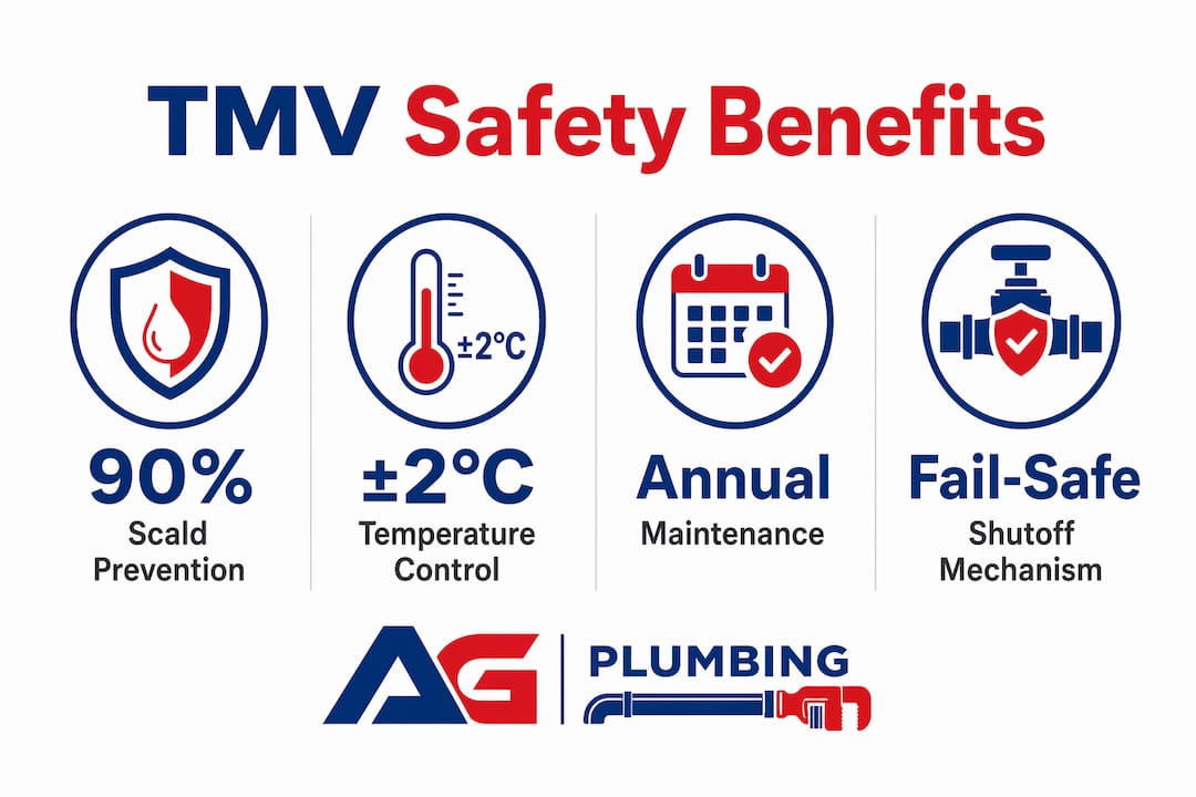 Infographic illustrating key thermostatic mixing valve safety benefits