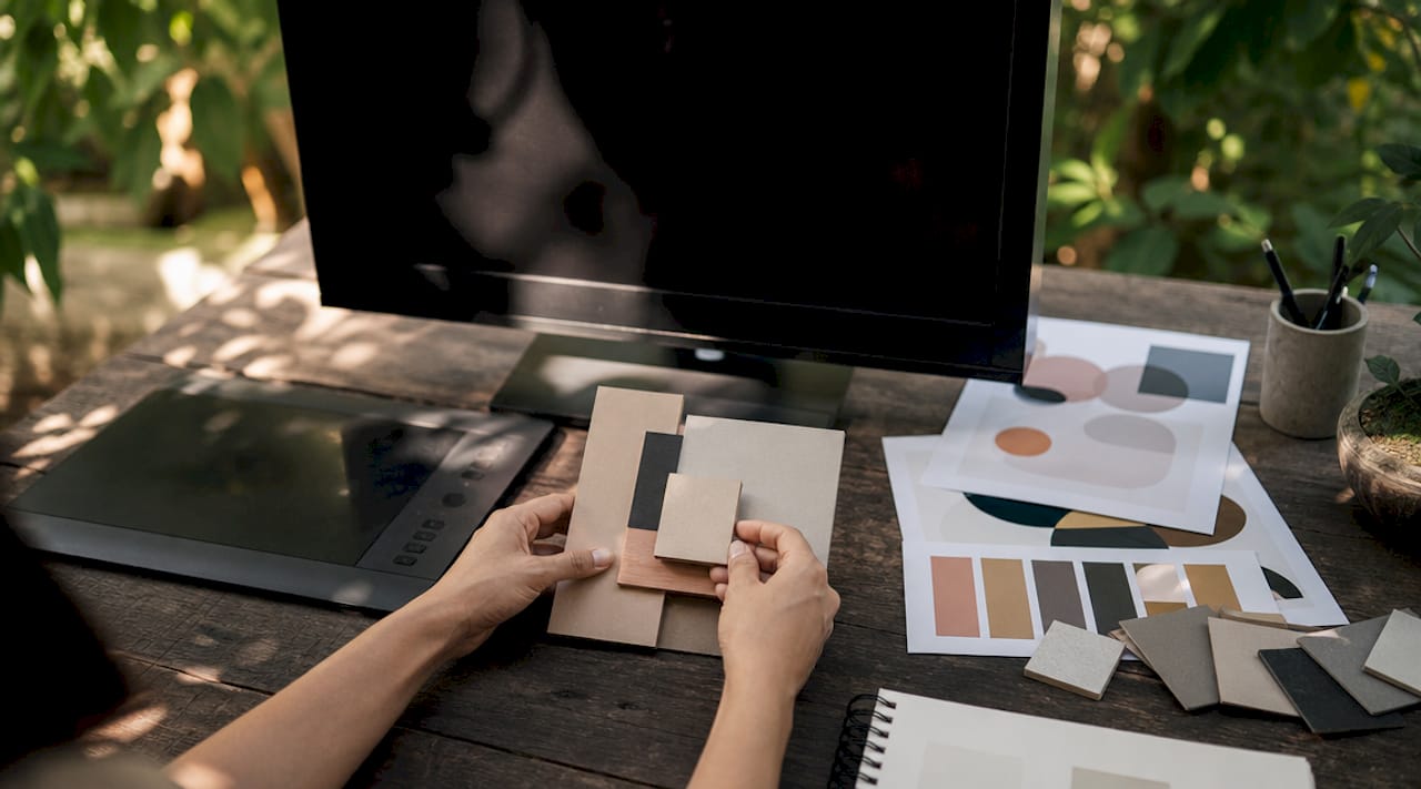 Hands adjusting visual design tools on desk