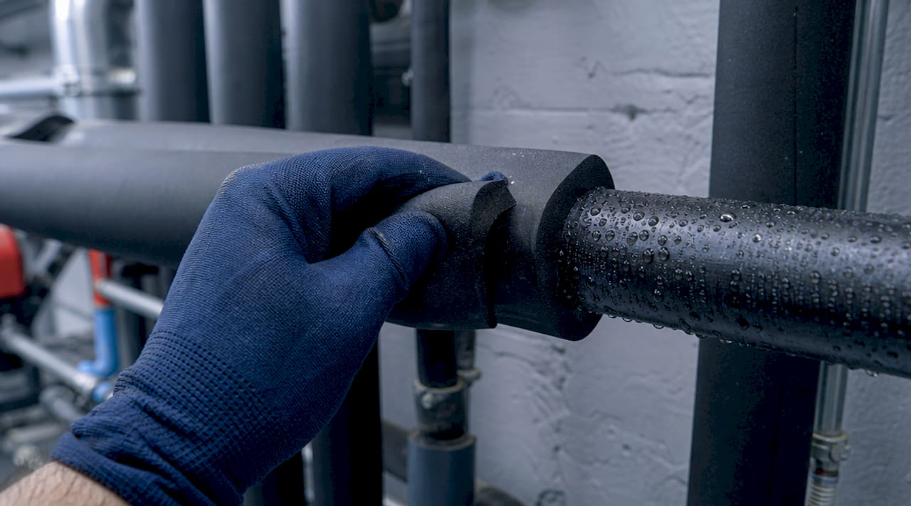 Gloved hand fitting foam insulation on cold pipe