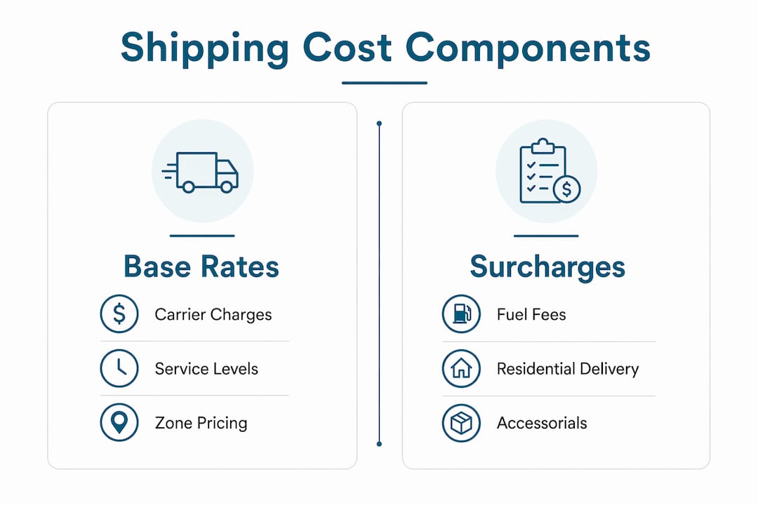 Infographic illustrating shipping rate components: base rates vs surcharges