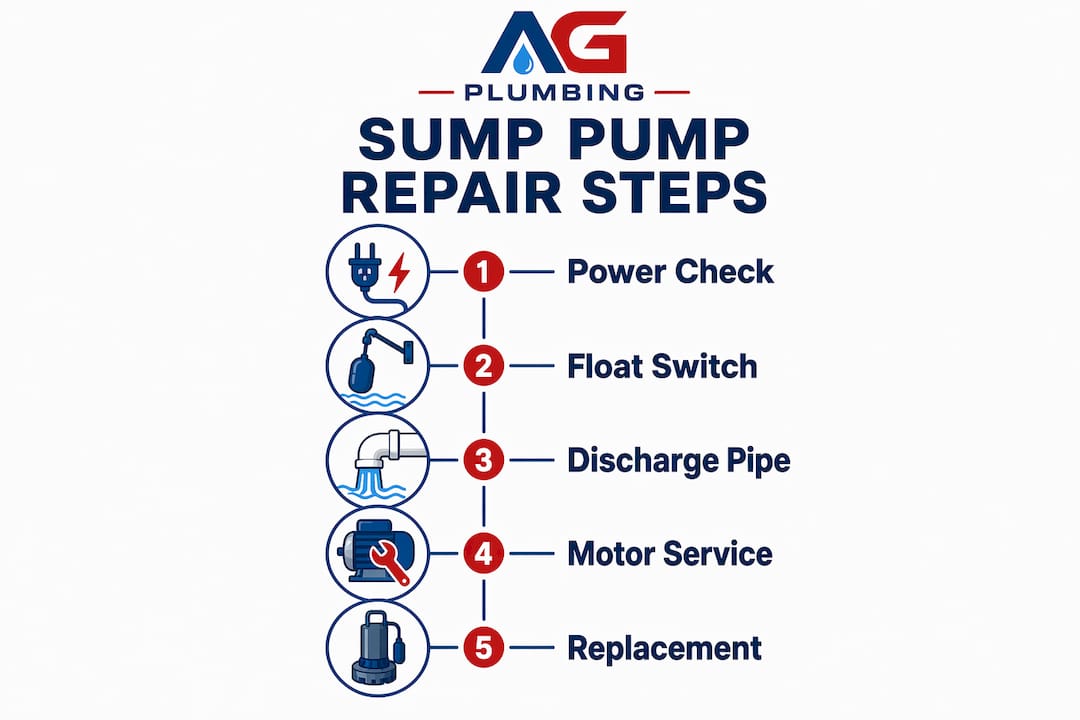 Infographic outlining sump pump repair steps