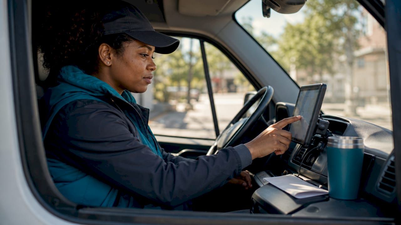 Delivery driver using touchscreen device in electric van