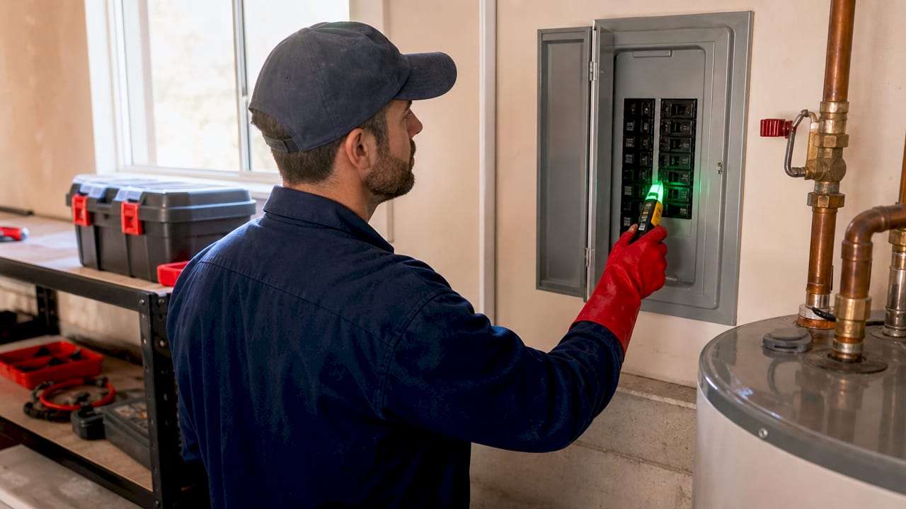 Hands testing circuit breaker for water heater safety