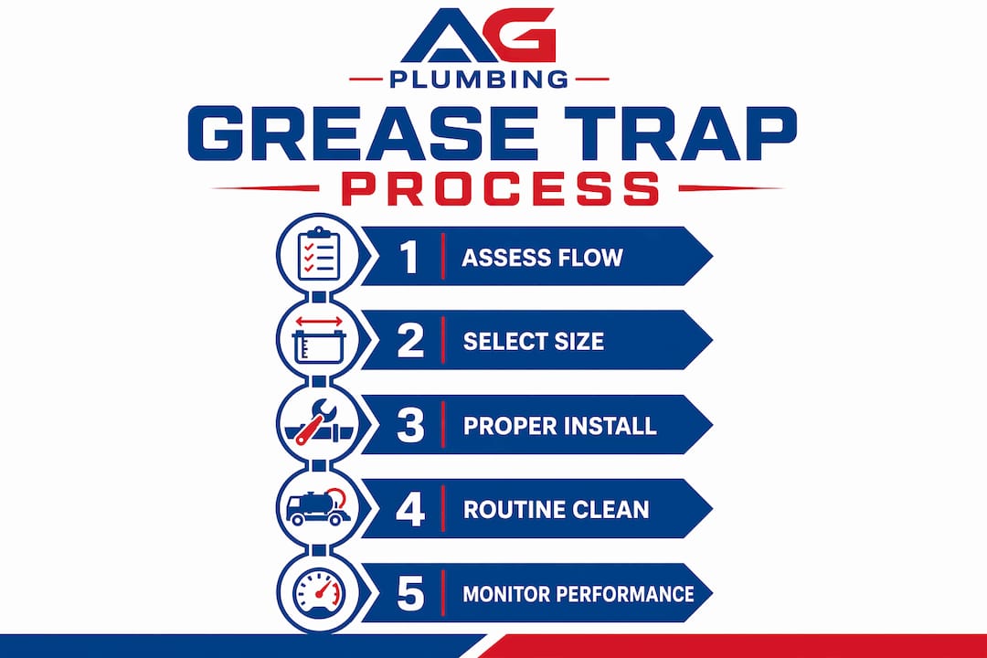 Infographic illustrating grease trap sizing and installation steps