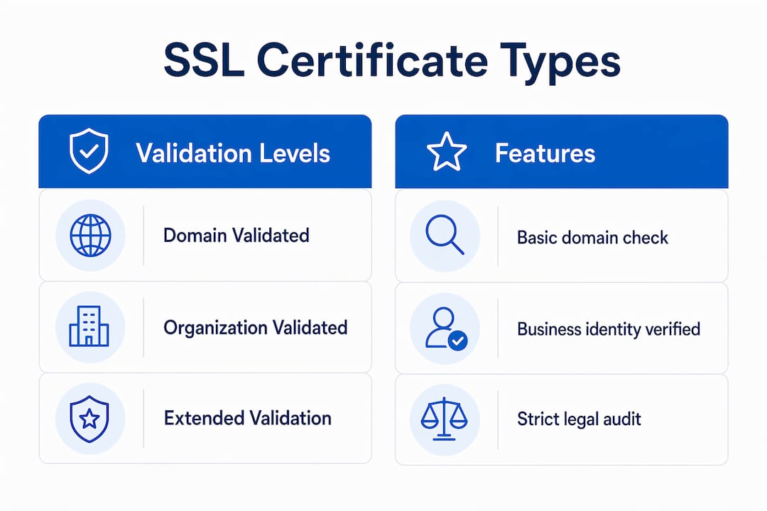 Infographic comparing SSL certificate validation types