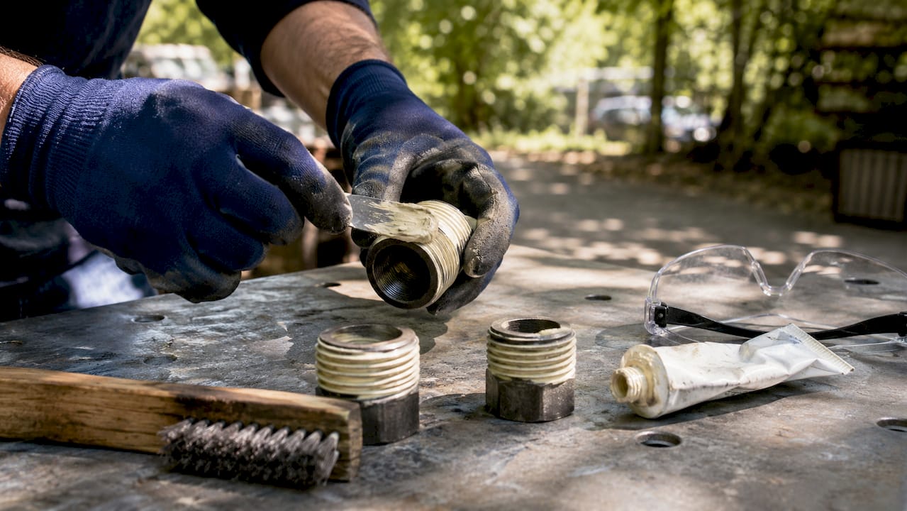 Hands applying pipe joint compound to threads