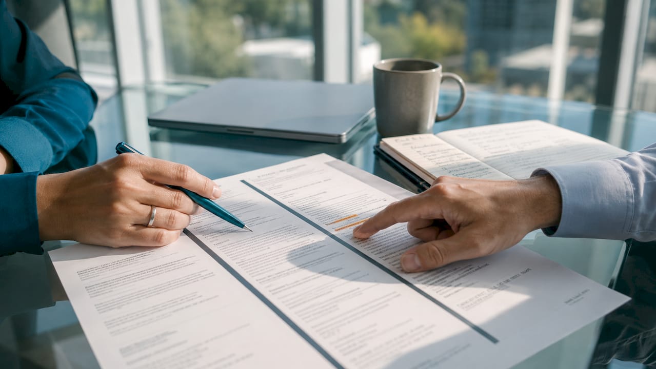 Close-up of hands comparing contract terms on paper