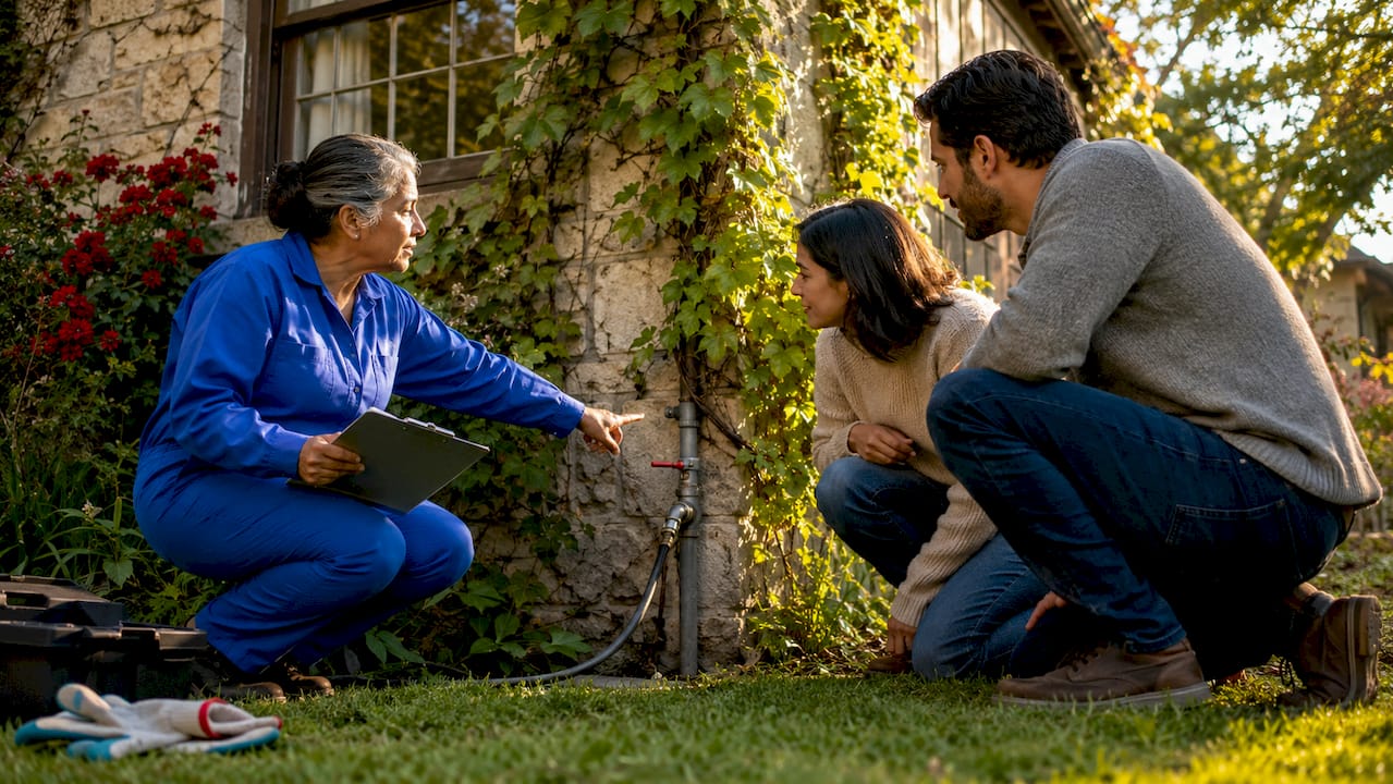 Plumber teaching couple about shutoff valve