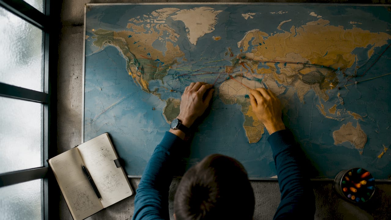 Hands marking international shipping zones on map
