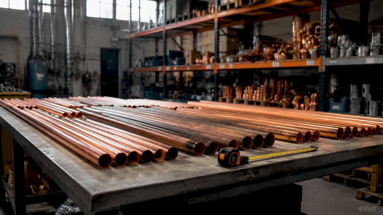 Variety of copper pipe types on workbench