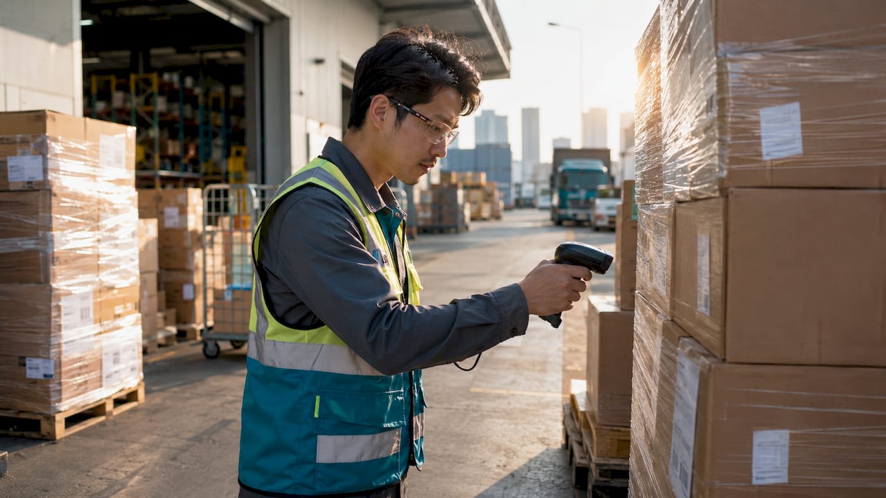 Worker scanning barcodes in warehouse