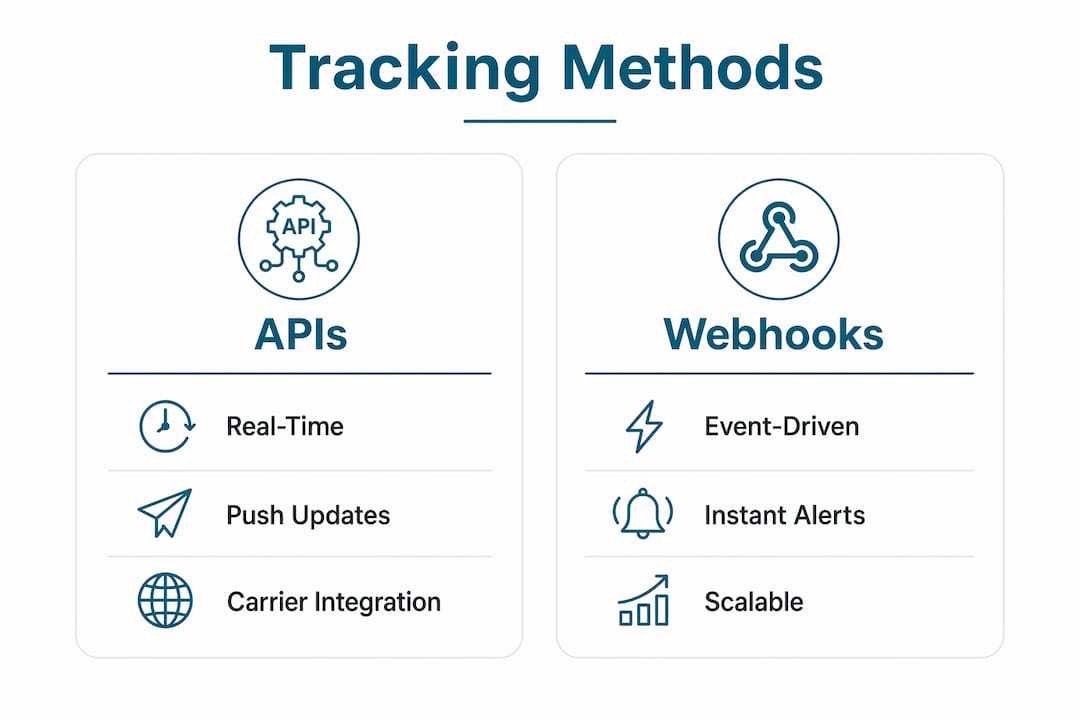 Comparison infographic of APIs and Webhooks in shipment tracking