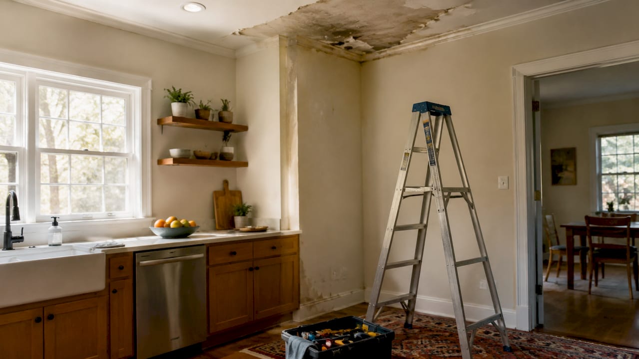 Close-up of ceiling water damage and mold stains