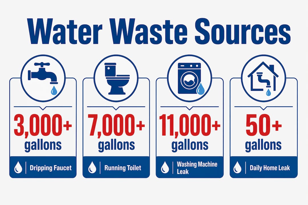 Infographic showing water waste from common leak sources