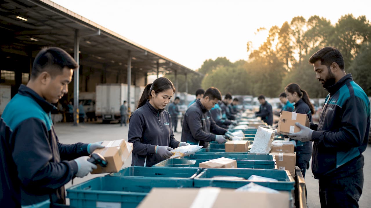 Workers sorting express delivery packages
