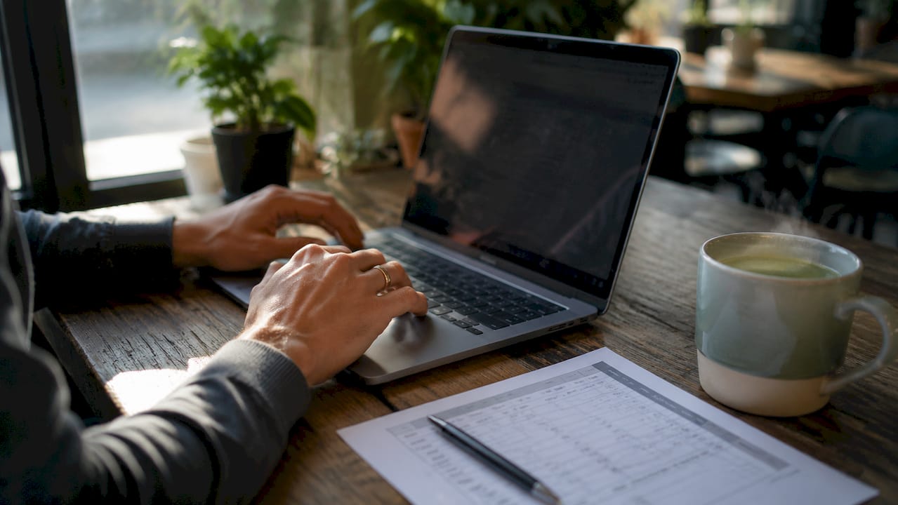 Hands scrolling keyword research on tablet