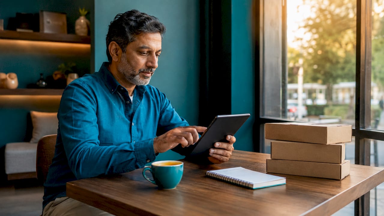 Man choosing delivery options on tablet at home