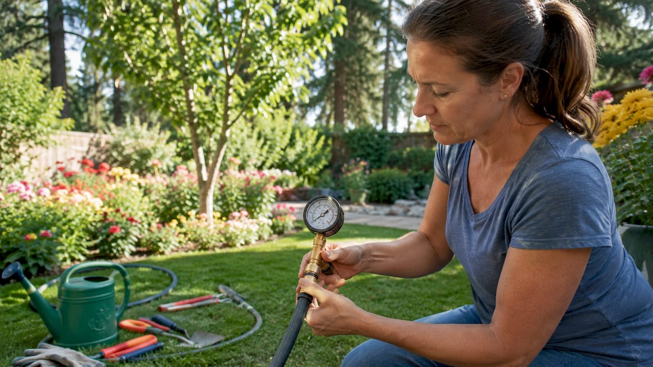 Hands fitting water pressure gauge to outdoor faucet