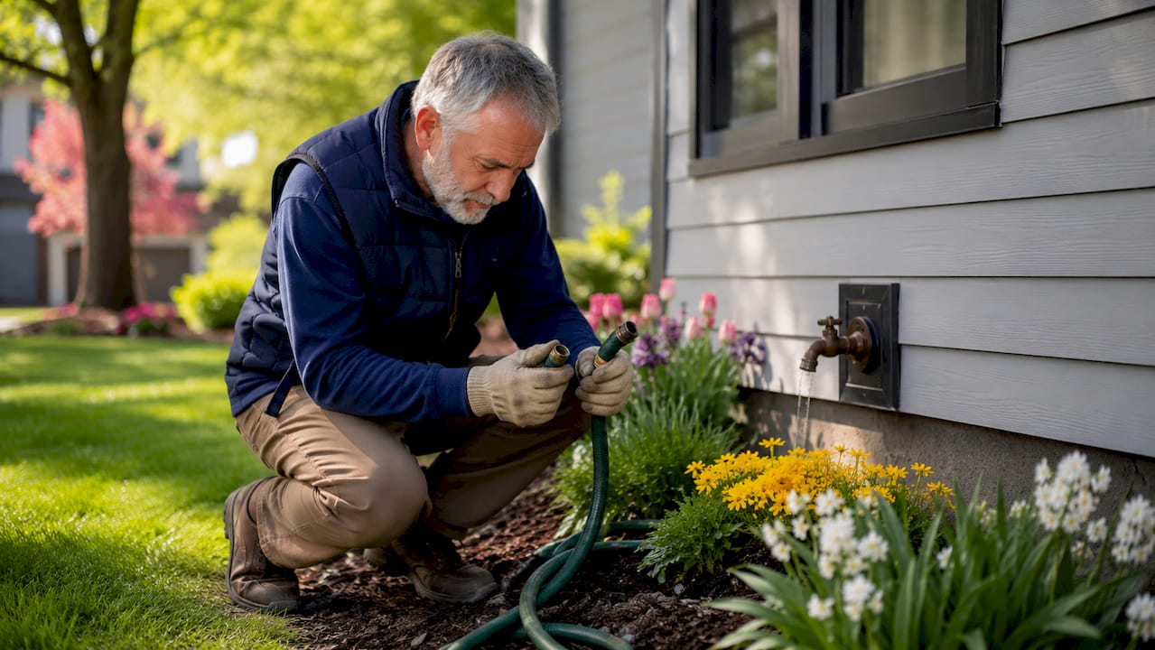 Man disconnecting garden hose for winterization
