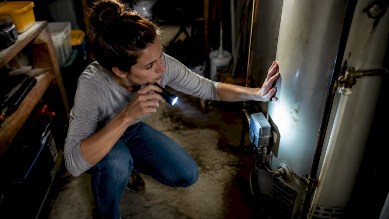 Woman checking circuit breaker in utility closet