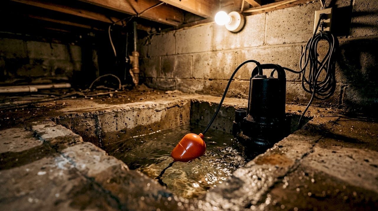 Close-up of sump pump float switch in water