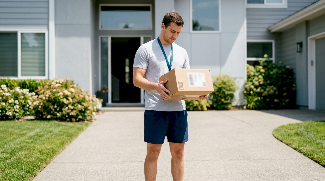 Young man with freshly delivered ecommerce package