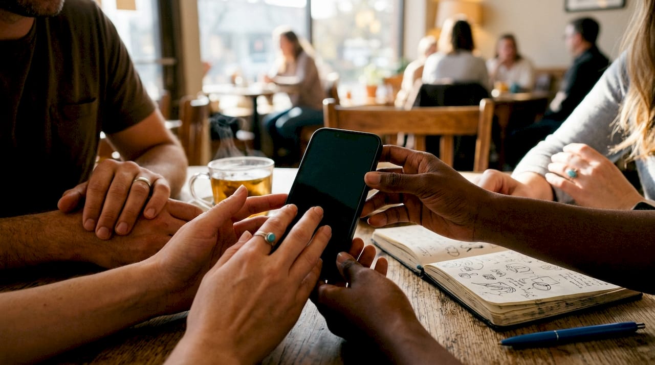 Hands holding phone monitoring reputation tools
