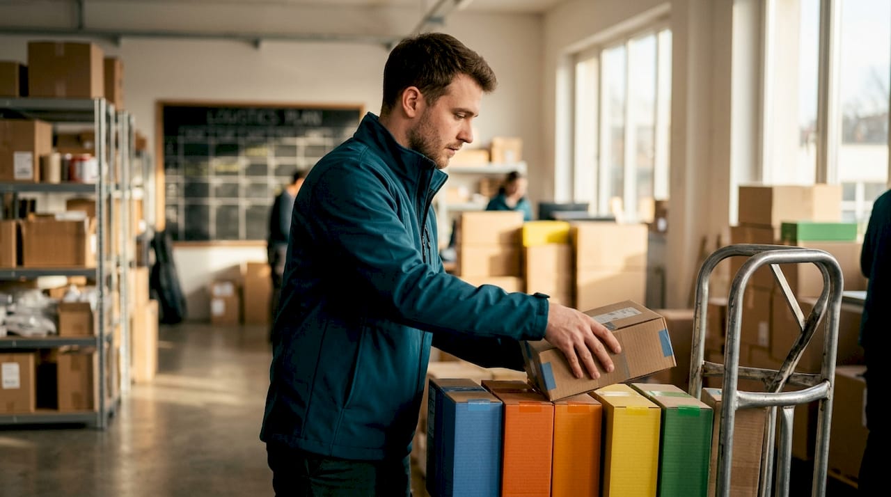 Courier organizing parcels at shipping warehouse