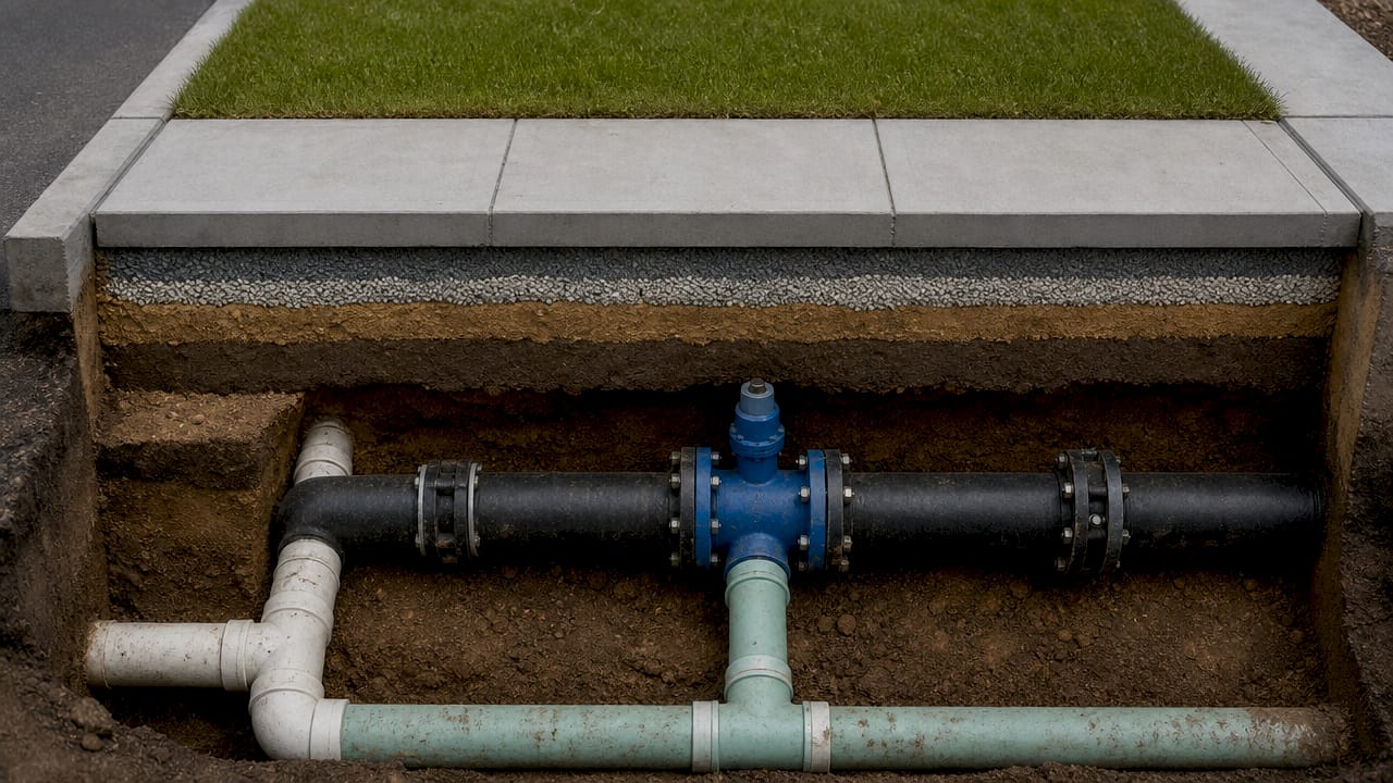 Cross section of underground water main pipes