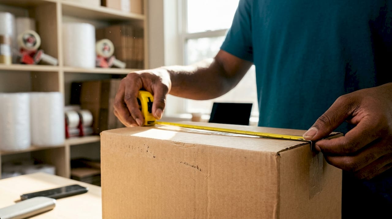 Hands measuring shipping box dimensions with tape