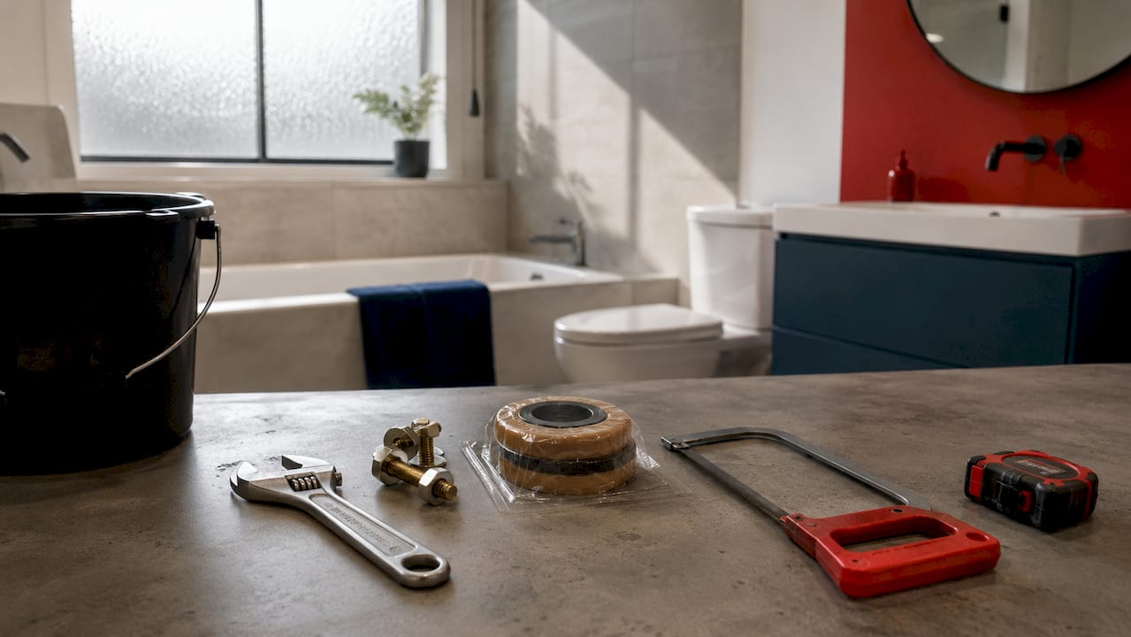 Toilet installation tools arranged on tarp