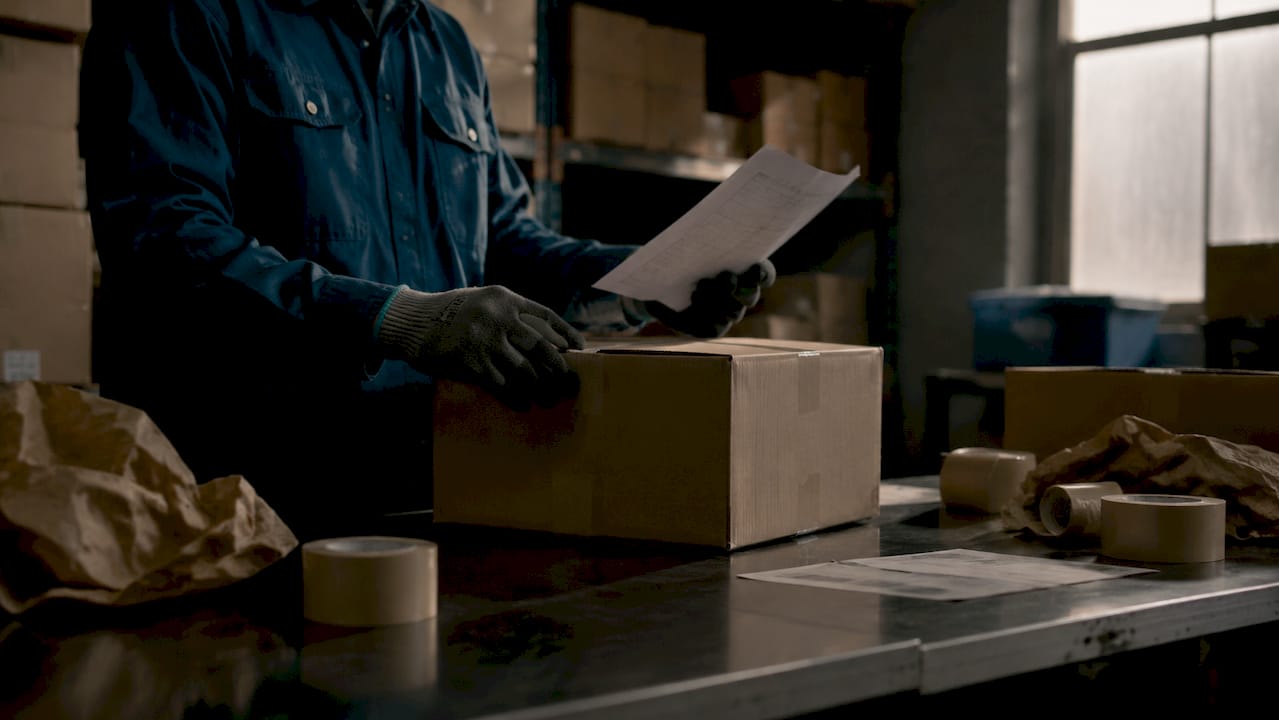 Hands inspecting shipping label on parcel