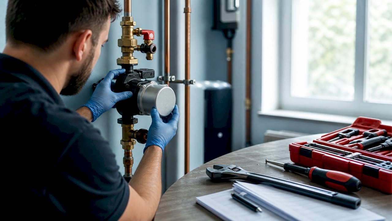 Technician installing recirculation pump on pipes