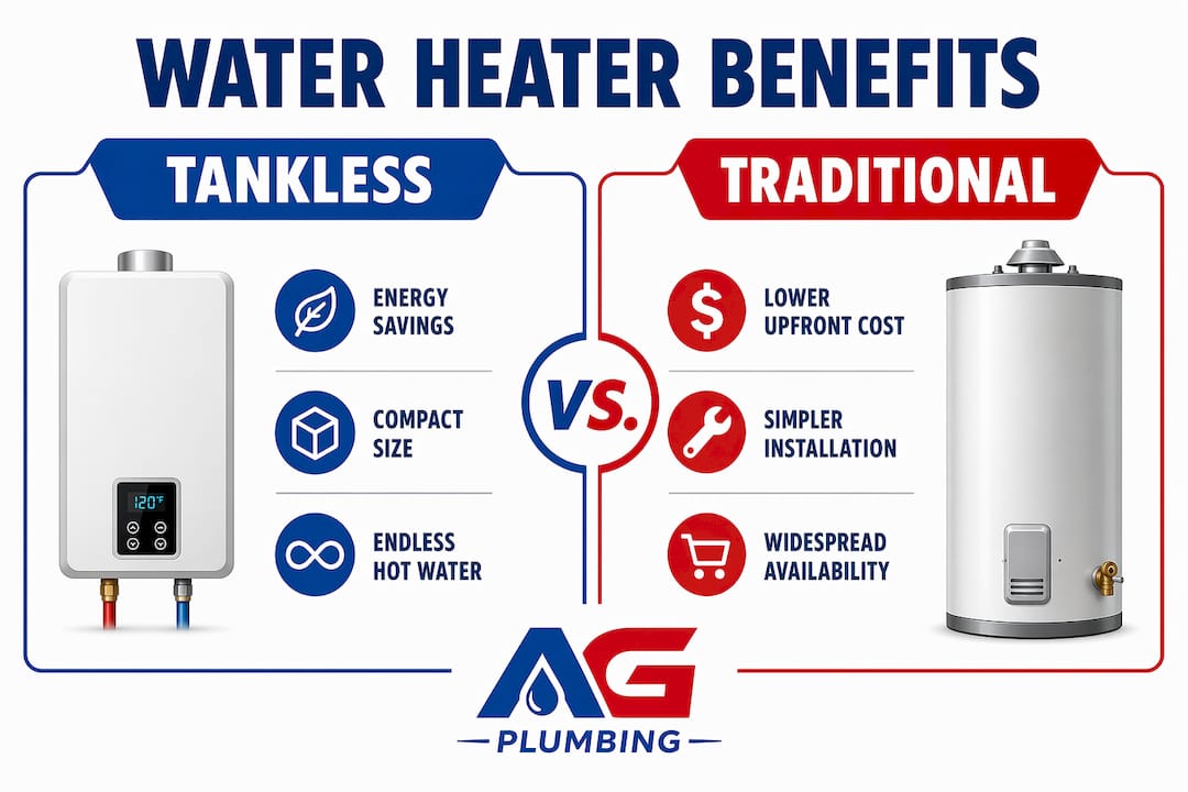 Infographic comparing benefits of tankless and traditional water heaters