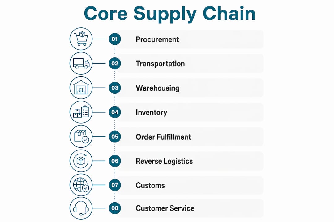 Infographic illustrating eight core supply chain components
