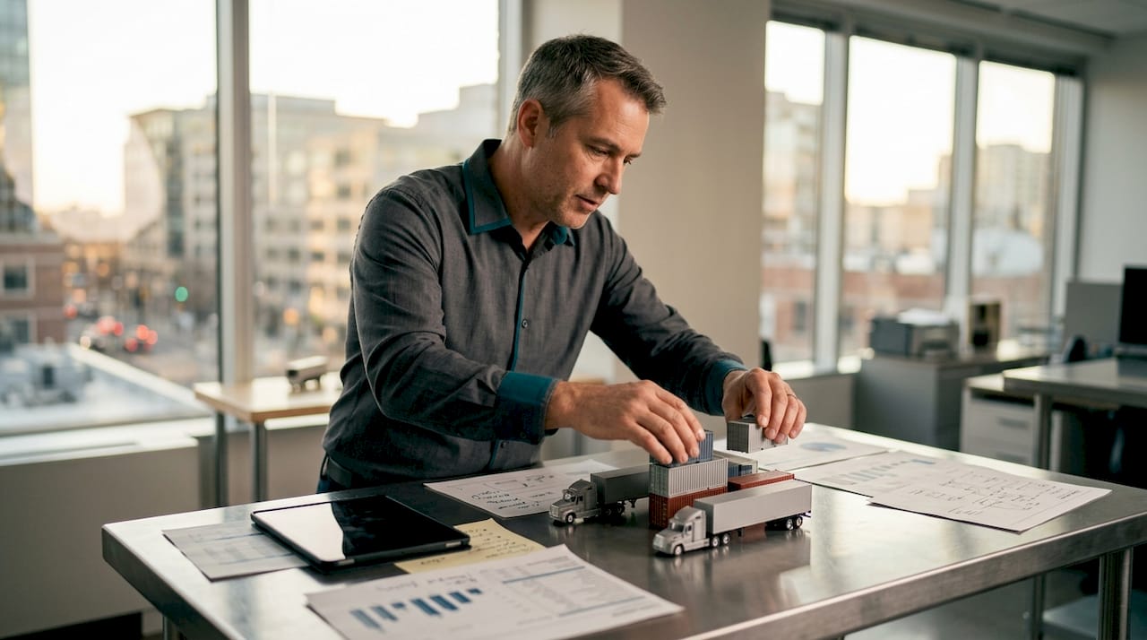 Hands arranging models illustrating cargo consolidation