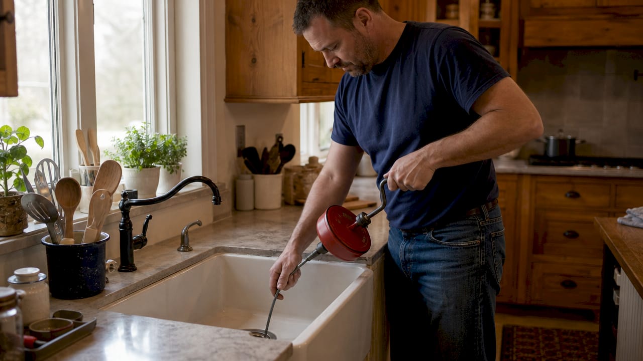 Hands using drain snake to unclog drain