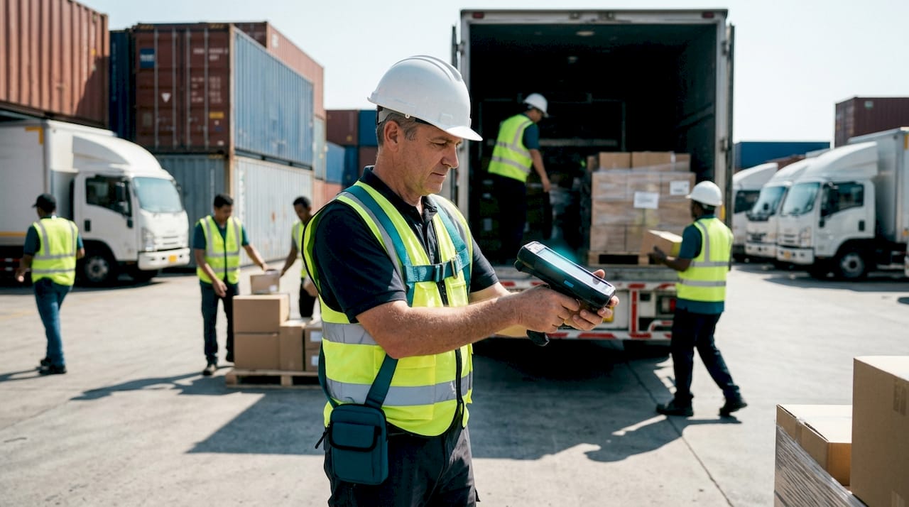 Warehouse worker using AI device to scan RFID packages