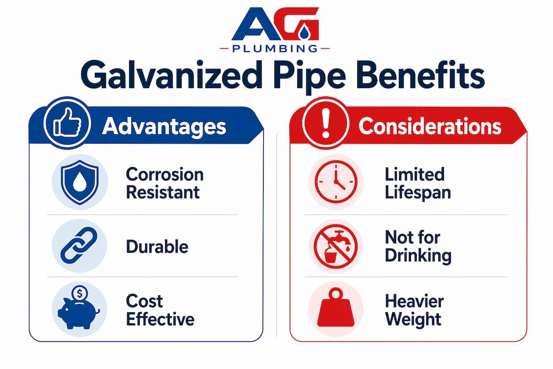 Infographic comparing galvanized pipe advantages and considerations