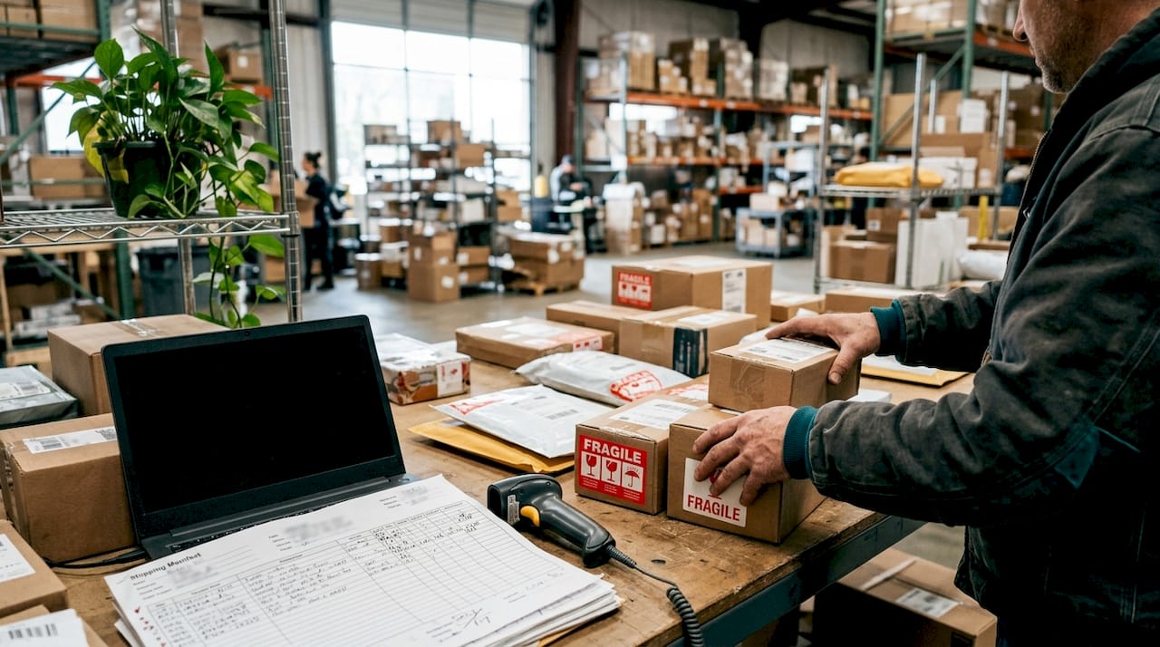Hands sorting packages for delivery service selection
