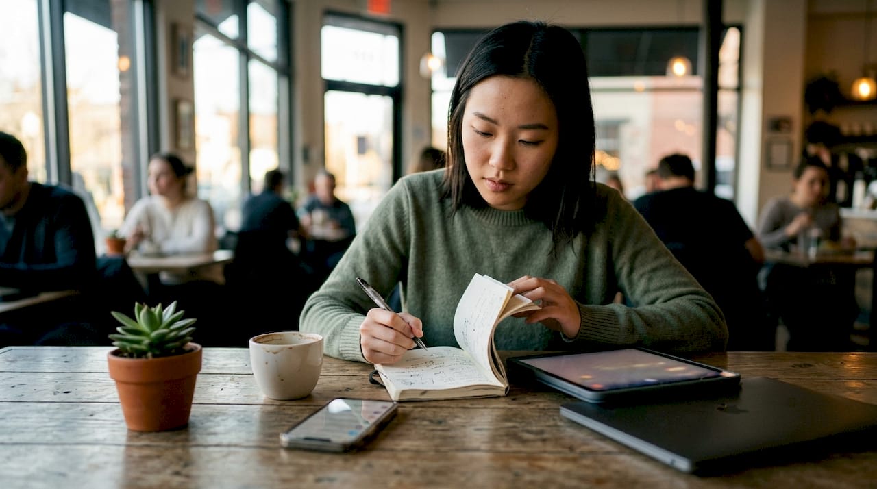 Woman researching digital ad types at home office desk