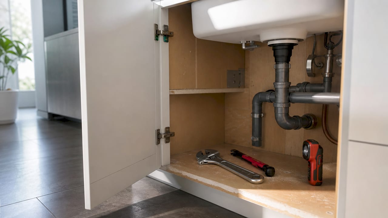 Open kitchen cabinet showing insulated pipes