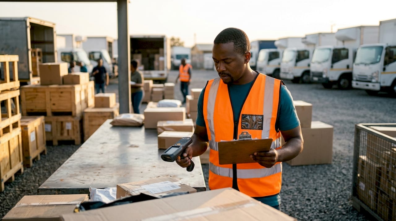 Logistics manager inspecting parcels in warehouse