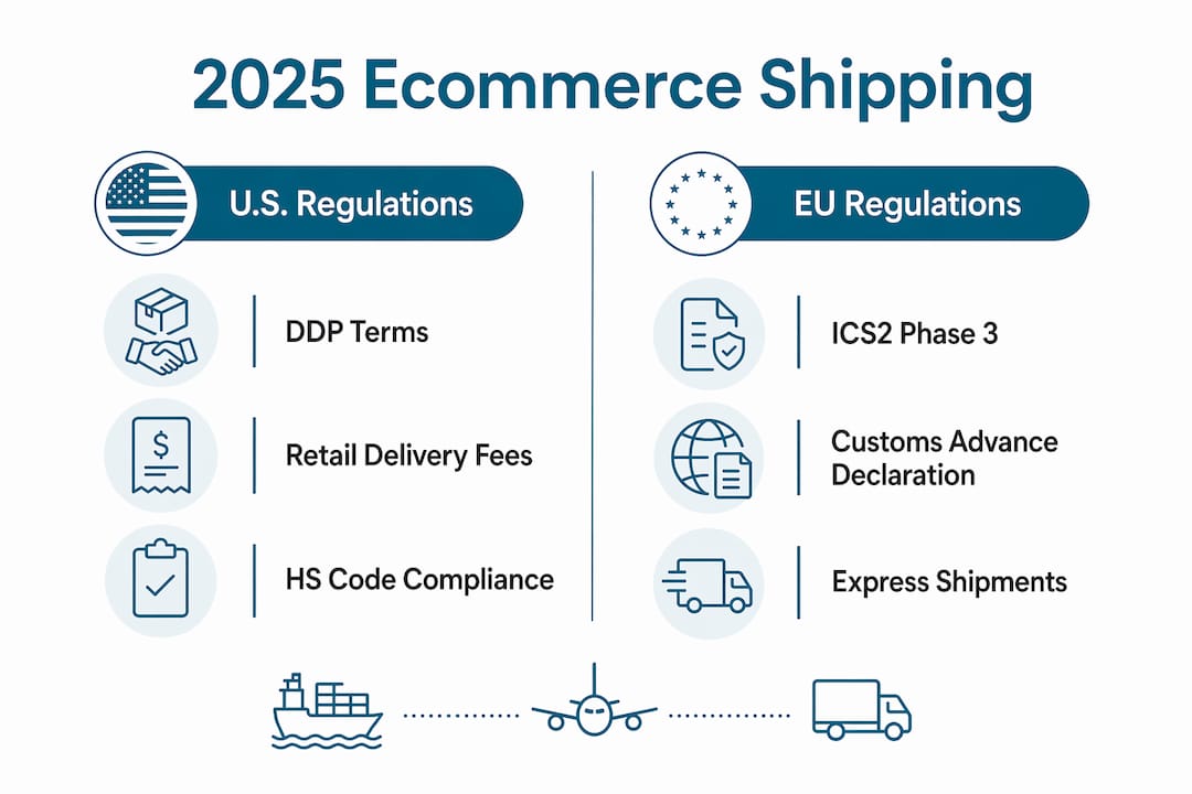 Infographic comparing US and EU ecommerce shipping regulations 2025