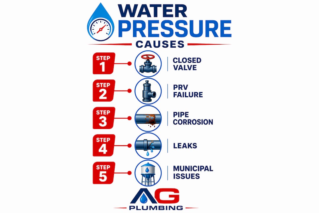 Infographic showing top 5 causes of water pressure drops