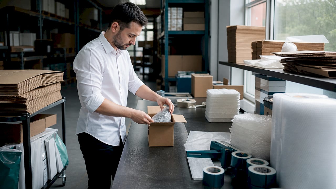 Hands packing product to minimize shipping cost