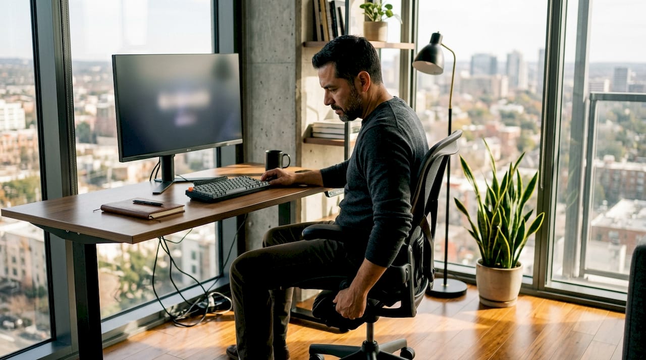 Man adjusting ergonomic chair in home office